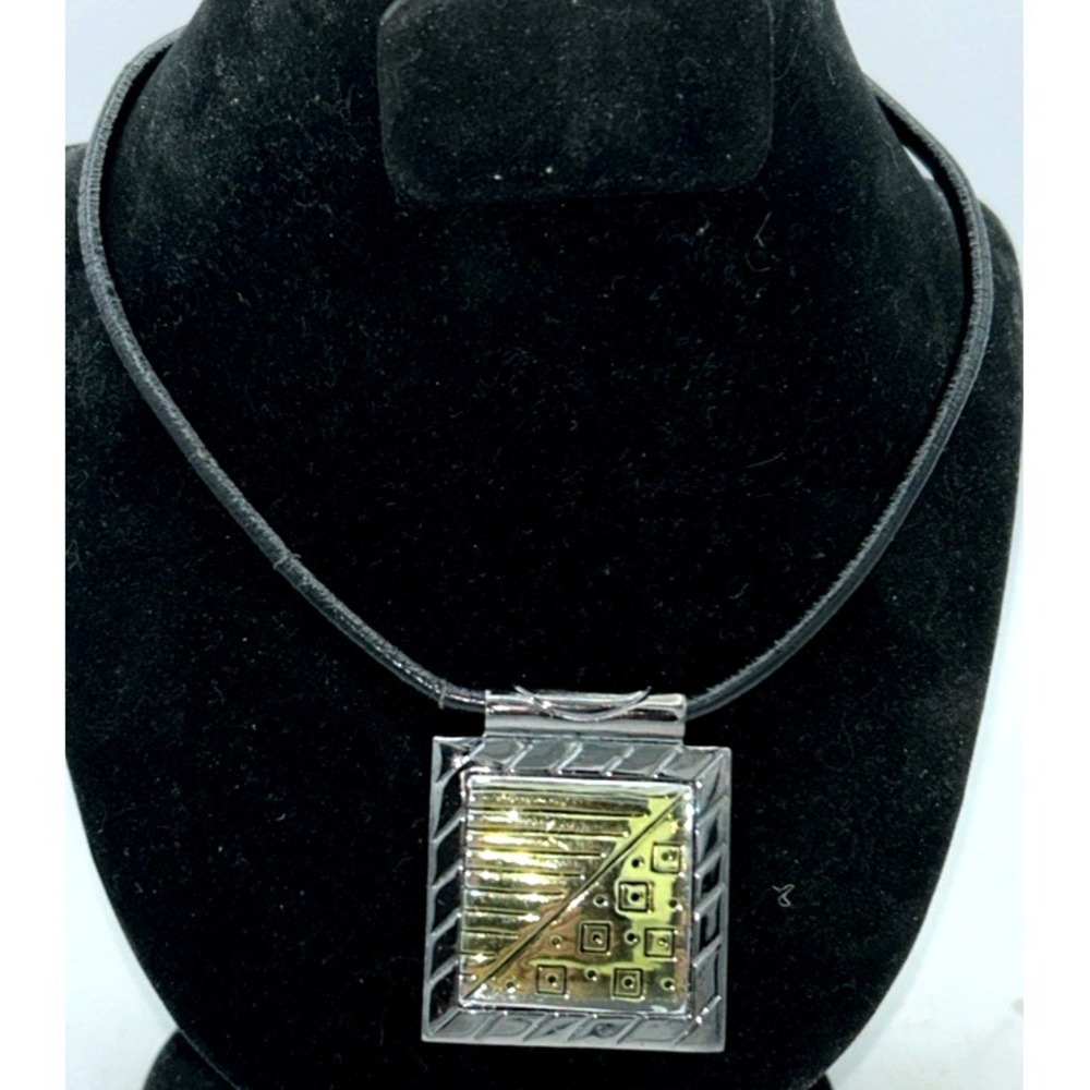 Aztec Pendant Necklace Square Tribal Geometric Cracked Leather Costume MCM 31"